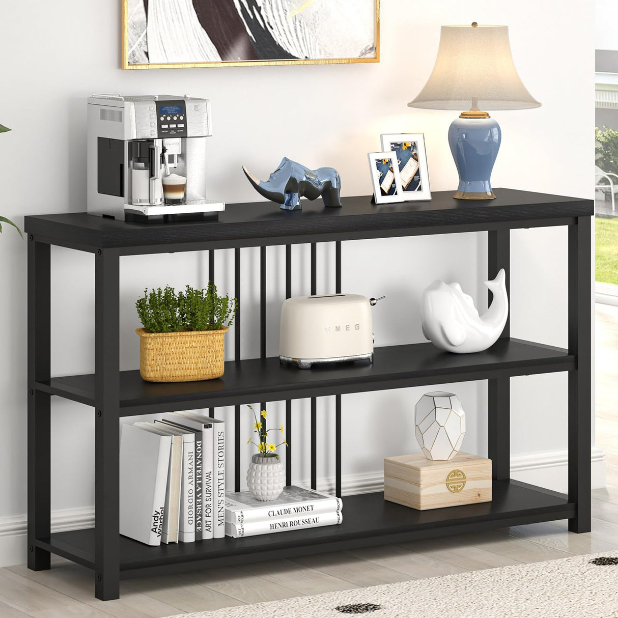 FOLUBAN Entryway Table, Modern Sofa Console Table with 3 Tier Storage Shelf, Hallway Foyer Table for Living Room, Industrial Black Oak FOLUBAN