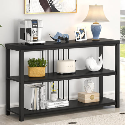 FOLUBAN Entryway Table, Modern Sofa Console Table with 3 Tier Storage Shelf, Hallway Foyer Table for Living Room, Industrial Black Oak
