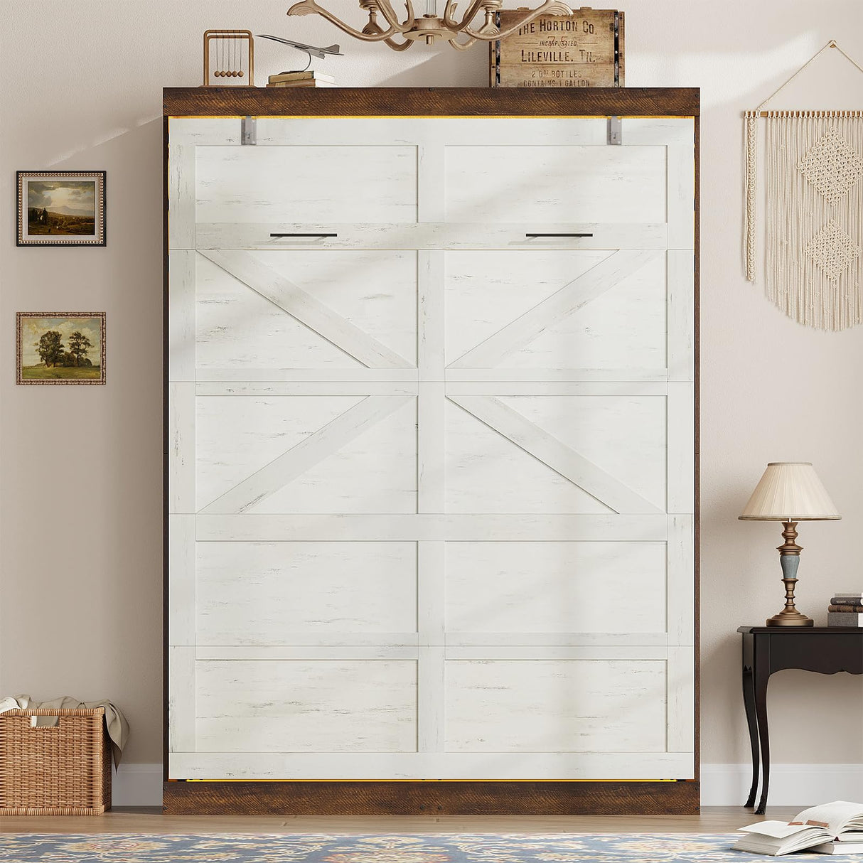 Hlivelood Queen Size Murphy Bed with 2 LED Lights, Farmhouse Wood Hidden Foldable Wall Bed Frame w/Gas Struts, Storage Bed Cabinet for Bedroom, Office, Space-Saving, No Box Spring Needed, Rustic White Hlivelood