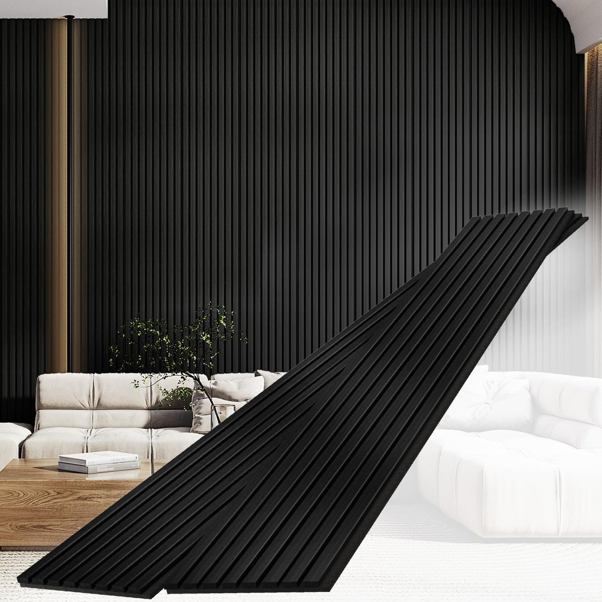Sunny Heart Wood Slat Wall Panels, Wood Panels for Wall, 2 Pack 93.5" x 12.6" Soundproof Solid Wooden Wall Panels, 3D Acoustic Fluted Wood Wall Panels for Ceiling Wall Decor, Black Sunny Heart