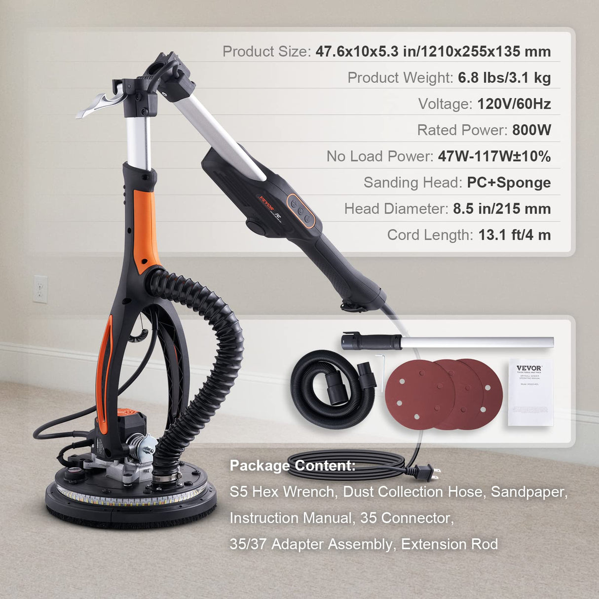 VEVOR Drywall Sander, 800W Brushless Motor Electric Sander, Variable Speed 1000-2300 RPM Wall Sander, Foldable Ceiling Sander with Double-Deck LED Lights, Extendable Handle, 12 Sanding Discs VEVOR
