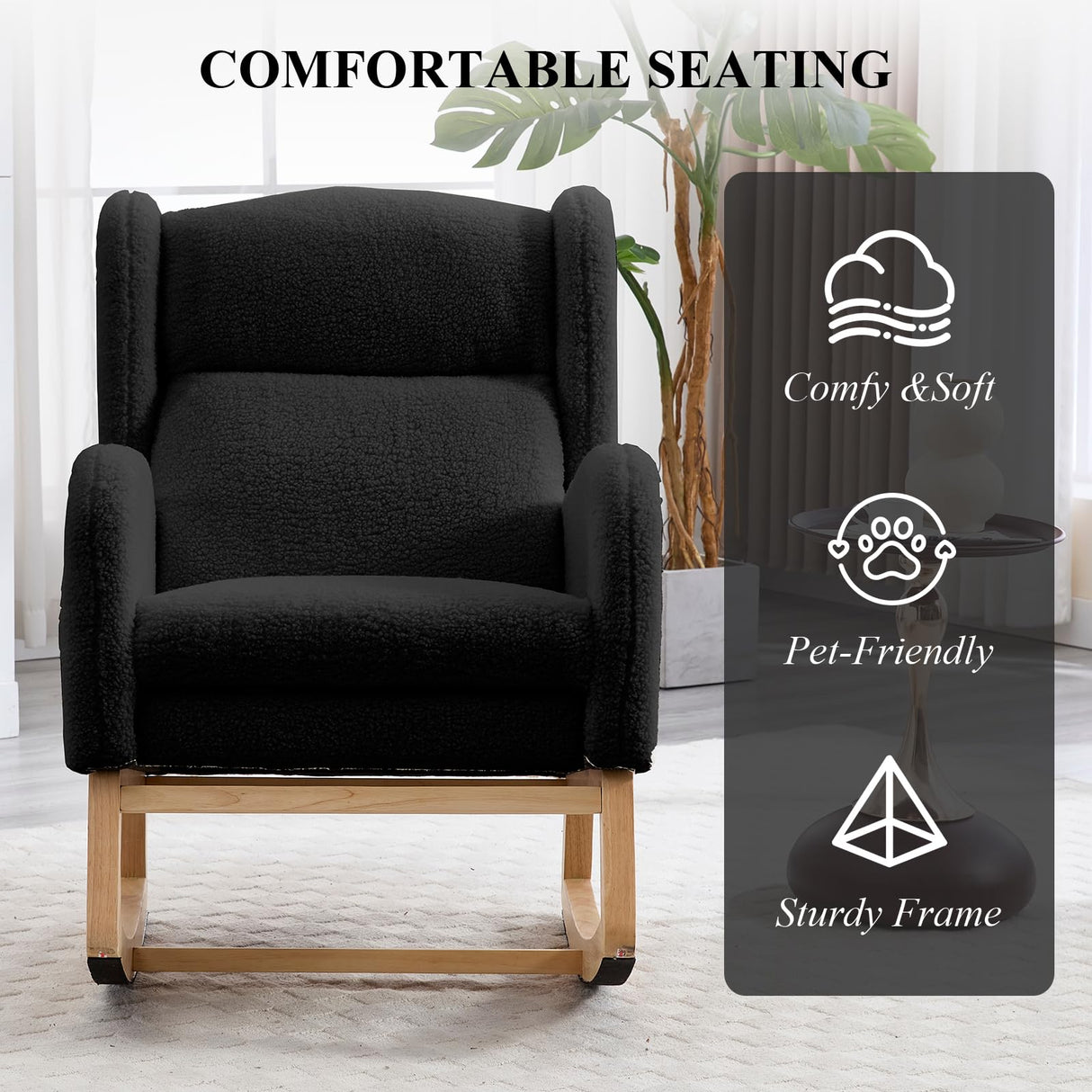 NIOIIKIT Nursery Rocking Chair with Footrest, Teddy Upholstered Glider Chair, Nursery Gliding Recliner with Side Pocket, Glider Rocker for Living Room (Black Teddy) NIOIIKIT