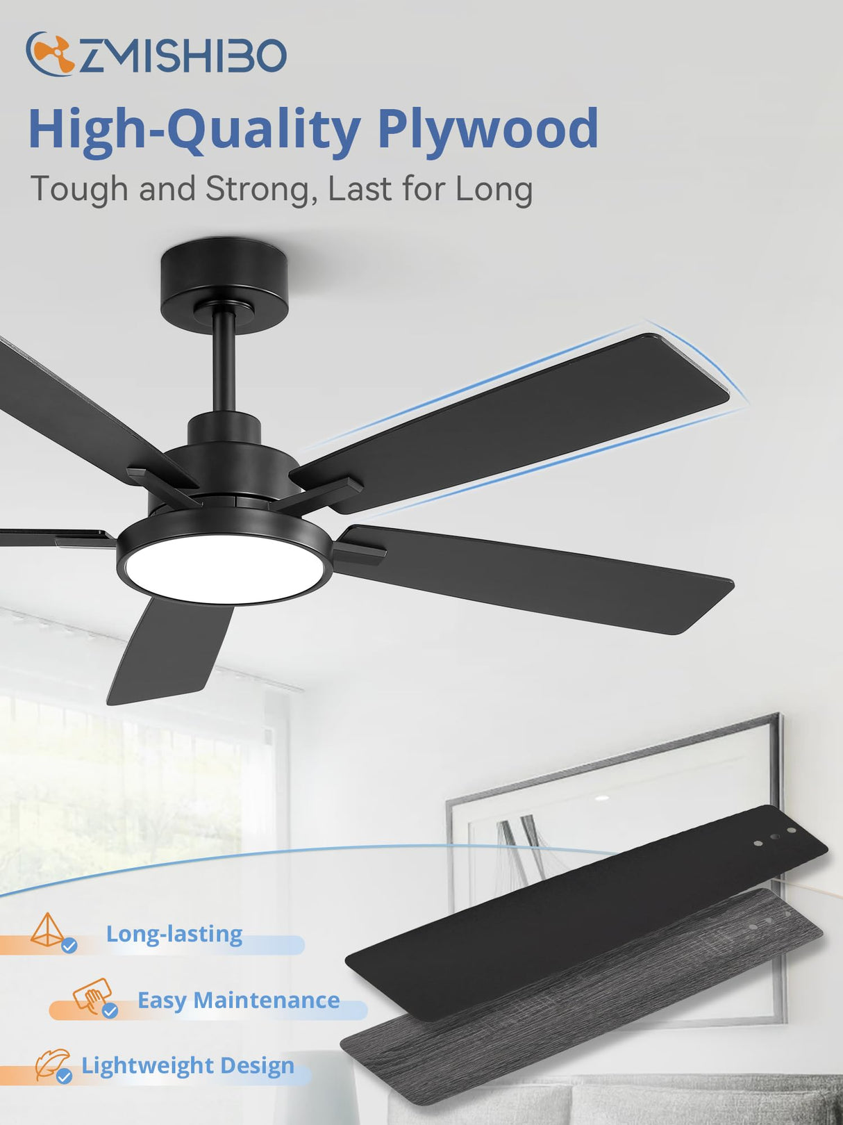 ZMISHIBO Ceiling Fans with Lights and Remote, 52 Inch Black Modern, with 24W 2400LM High Bright LED Light, Quiet Powerful DC Pure Copper Motor for Bedroom, Kitchen, Living Room ZMISHIBO