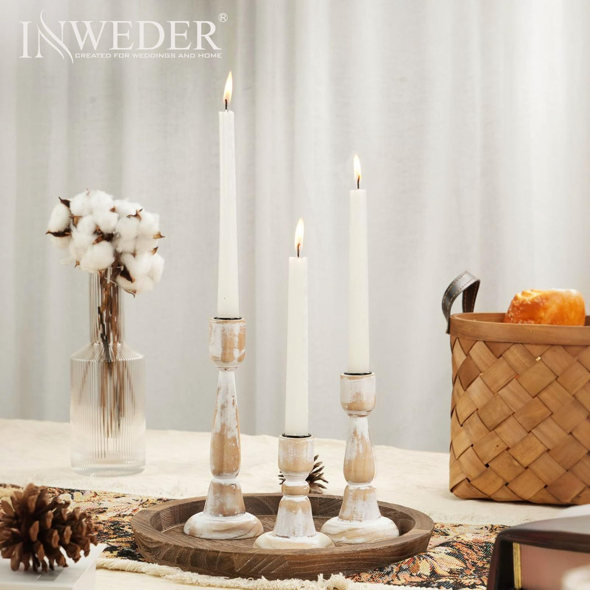 Inweder Wood Taper Candle Holders: 3Pcs Rustic Candle Holders for Candlesticks Wood Candle Holder for Home Decor Wooden Candlestick Holders for Fireplace Farmhouse Candle Holders Table Centerpiece Inweder