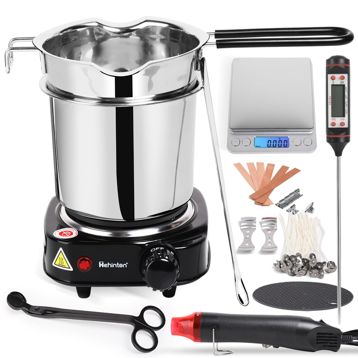 Hehinton Double Boiler Wax Melter Pot, Professional Water Heating Warming Pots for Candle Making, Candle Making Kit for Beginners, DIY Kit with Electronic Scale, Heat Gun, Thermometer, Candle Trimmer Hehinton