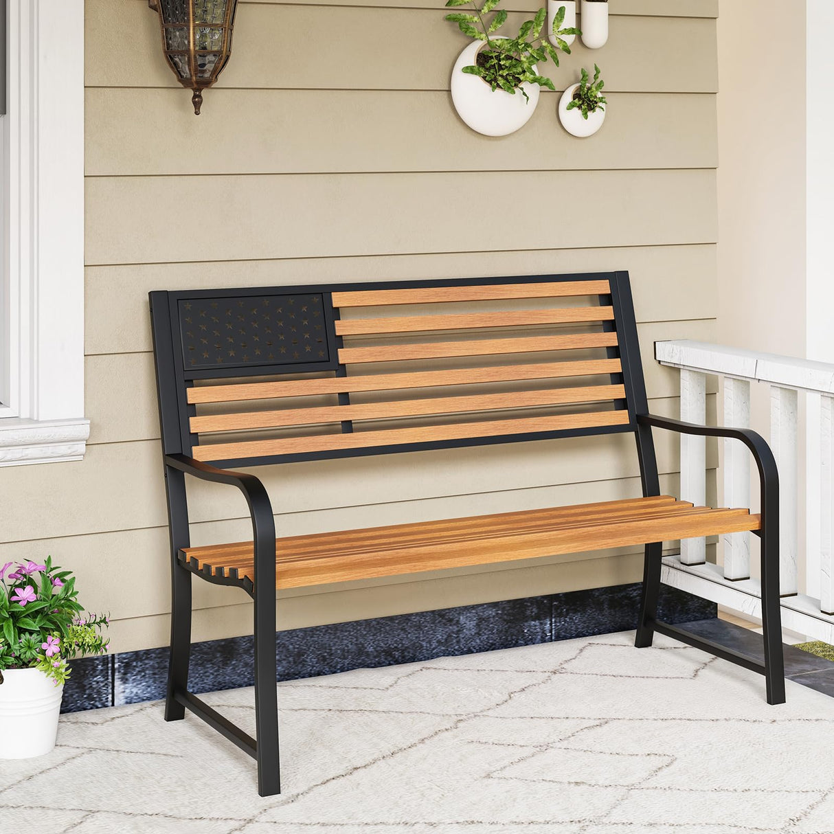 Tangkula 50” Patriotic Metal Garden Bench for 2 with Rustic Wood Finish and Ergonomic Design Tangkula