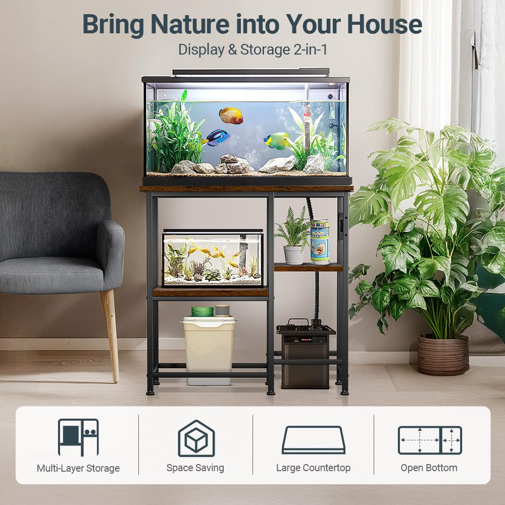 20-29-37 Gallon Fish Tank Stand with Power Outlet, Metal Aquarium Stand with Height-Adjustable Stoarge Shelves, 6-Leg Reptile Tank Stand, 400lbs Capacity PawGiant