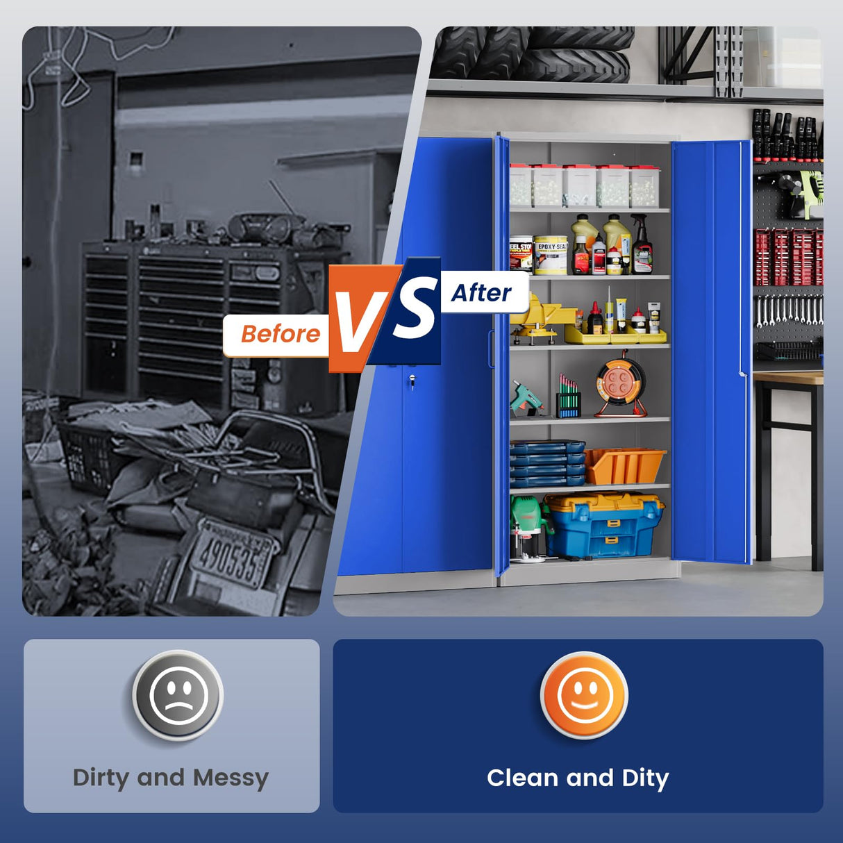 Yizosh Metal Garage Storage Cabinet with 2 Doors and 5 Adjustable Shelves - 71" Steel Lockable File Cabinet,Locking Tool Cabinets for Office,Home,Garage,Gym,School (Gray Blue) Yizosh