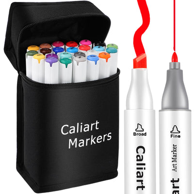 Caliart 24 Colors Fine & Chisel Permanent Alcohol Markers, Dual Tip Artist Sketch Art Markers Set for Adult Coloring Book, Aesthetic Cute School Supplies, Pens for Drawing Coloring Illustrations