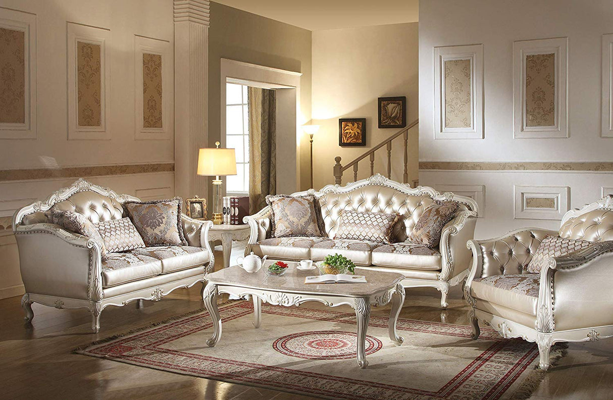 ACME Chantelle Loveseat w/3 Pillows - - Rose Gold PU/Fabric & Pearl White Acme