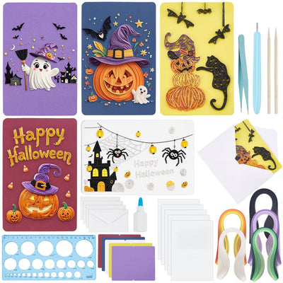 WEBEEDY 20 Sets Halloween Paper Quilling Kit for Adult Beginner 5 Styles Spooky Castle Pumpkin Cross Happy Halloween Greeting Card Making Kit with Instruction Handmade Card for Party Decor