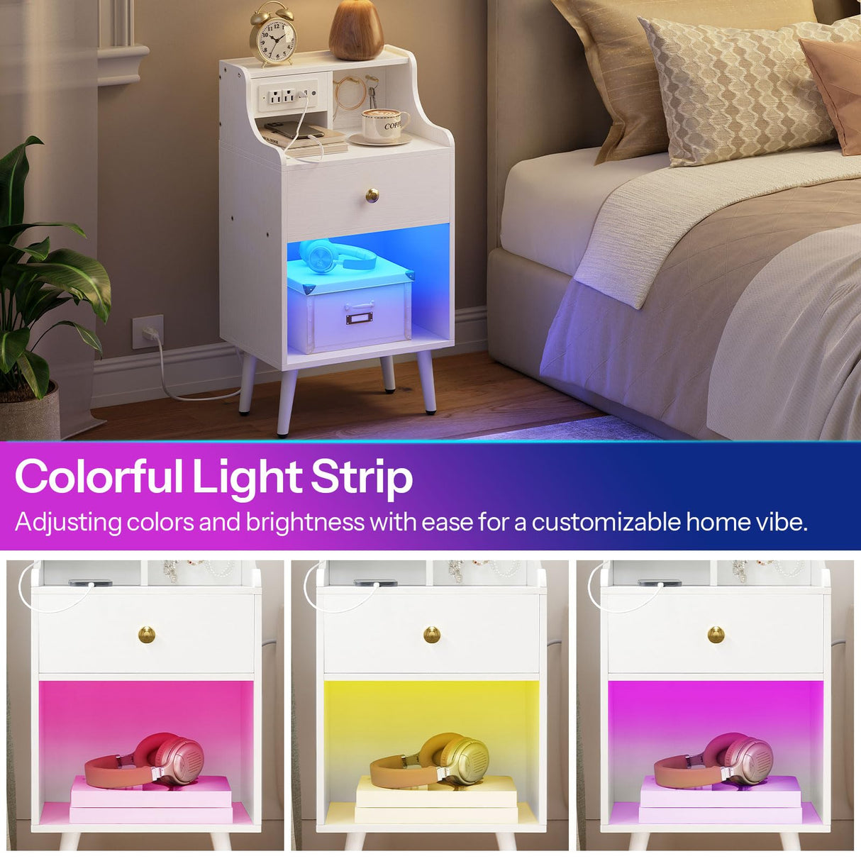 HOOBRO Nightstand with Charging Station and LED Light, Bedside Table with Fabric Drawer, End Table with USB Ports & Outlets, Modern Side Table, Sofa Table for Bedroom, White WT188UDBZ01 HOOBRO