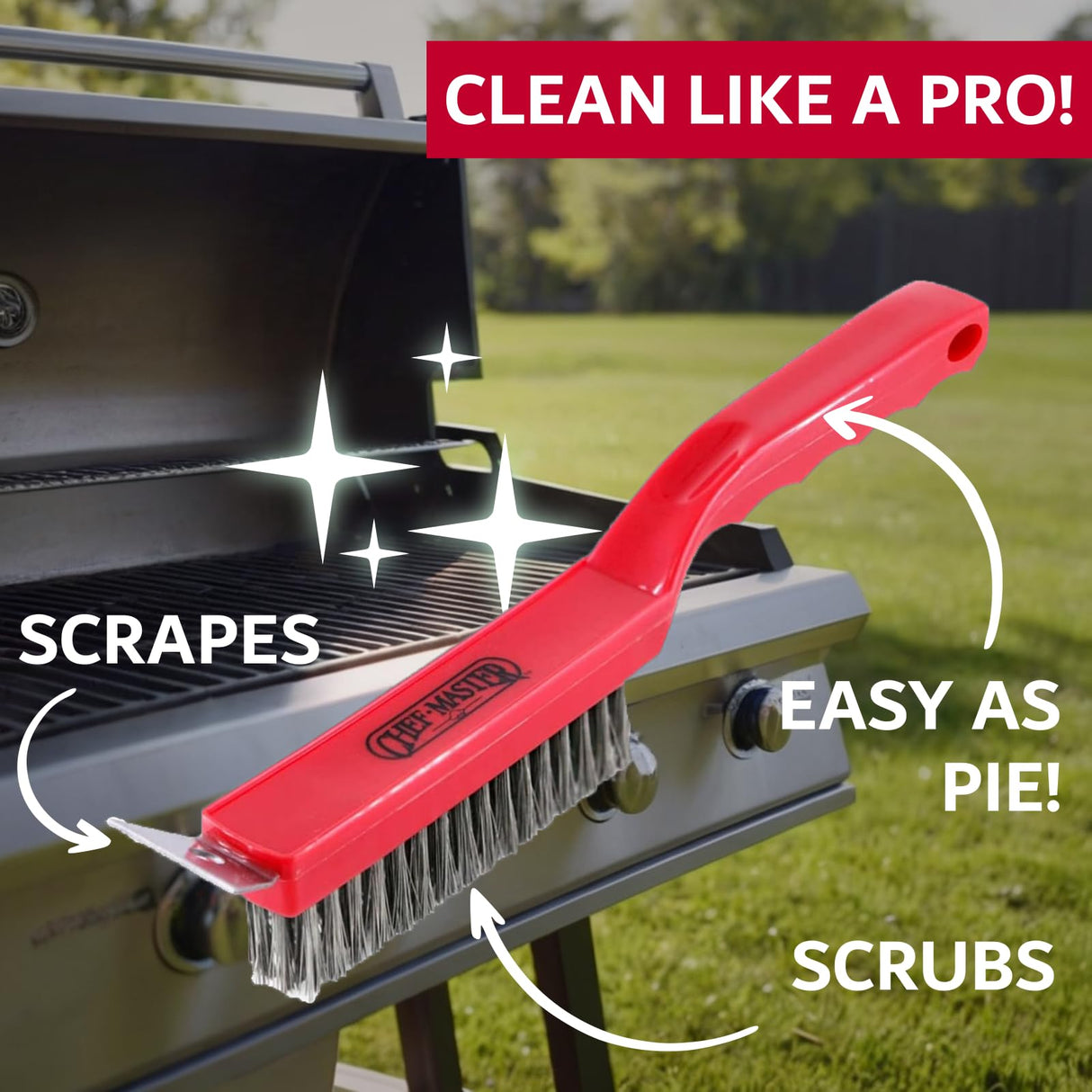 Chef Master Grill Brush & Scraper, Heavy Duty Plastic Handheld Grill Cleaning Brush, Scraper Head with Tough Wire Bristles Grill Brush for Grill Grates, Outdoor BBQ Grill & Grilling Accesories - 90044 Chef Master