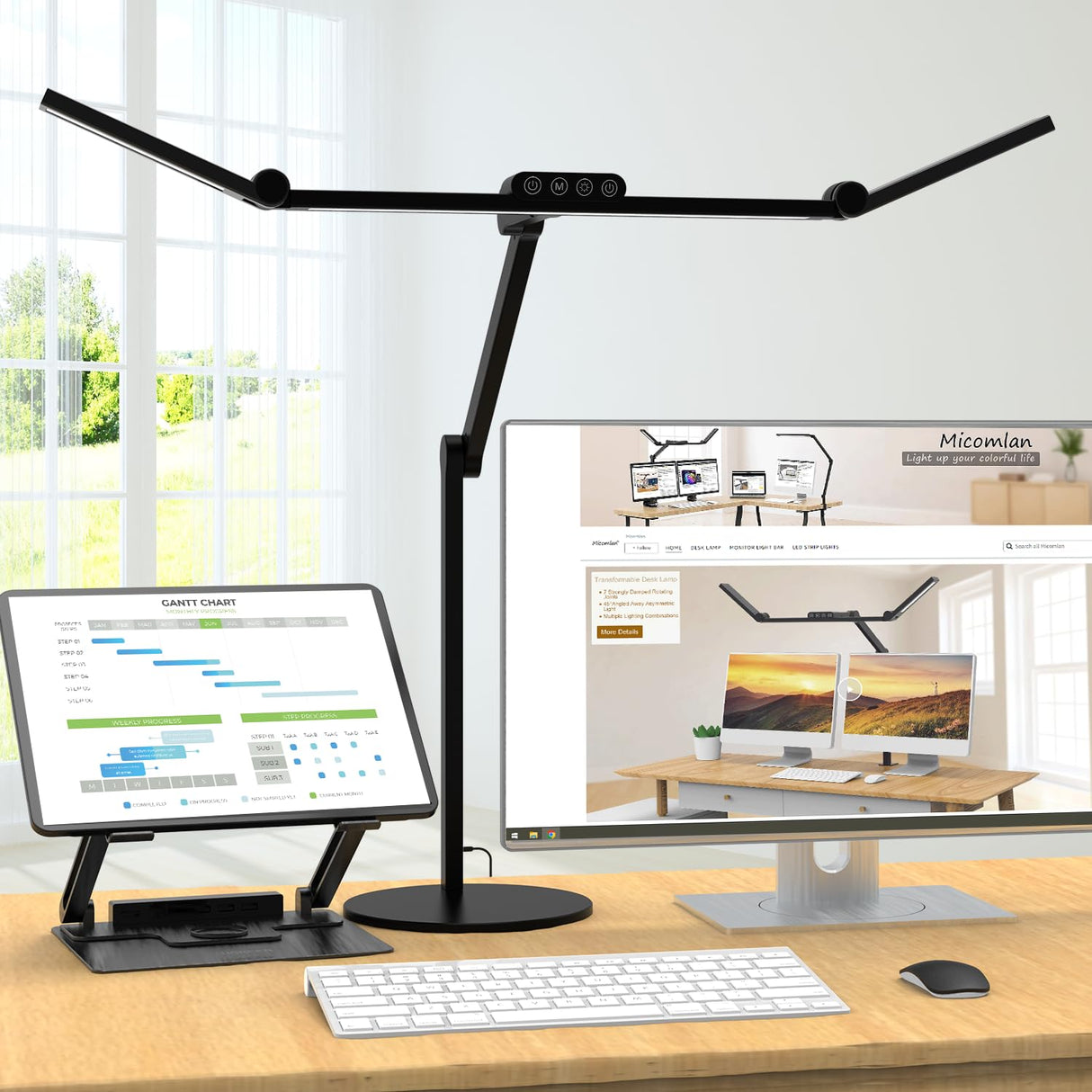 Micomlan Architect Desk Lamp with Atmosphere Lighting, Adjustable Led Desk Light for Home Office with Base, 24W Bright Auto Dimming Table Light with Rotatable Swing Arm for Workbench Computer Micomlan
