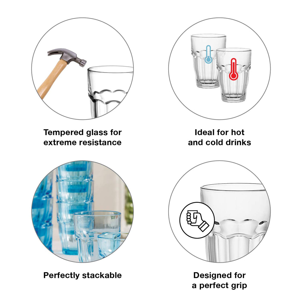 Bormioli Rocco Rock Bar Stackable Beverage, Set Of 6 Dishwasher Safe Drinking Glasses For Soda, Juice, Milk, Coke, Beer, Spirits – 12.5oz Durable Tempered Glass Water Tumblers For Daily Use Bormioli Rocco