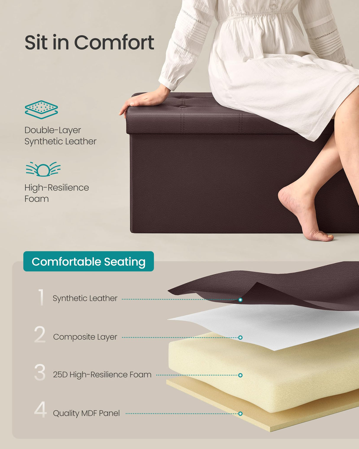 SONGMICS MAZIE Collection - 30 Inches Folding Storage Ottoman Bench, Ottoman with Storage, Foot Rest Stool, Load 660 lb, for Living Room, Synthetic Leather, Brown ULSF40Z SONGMICS