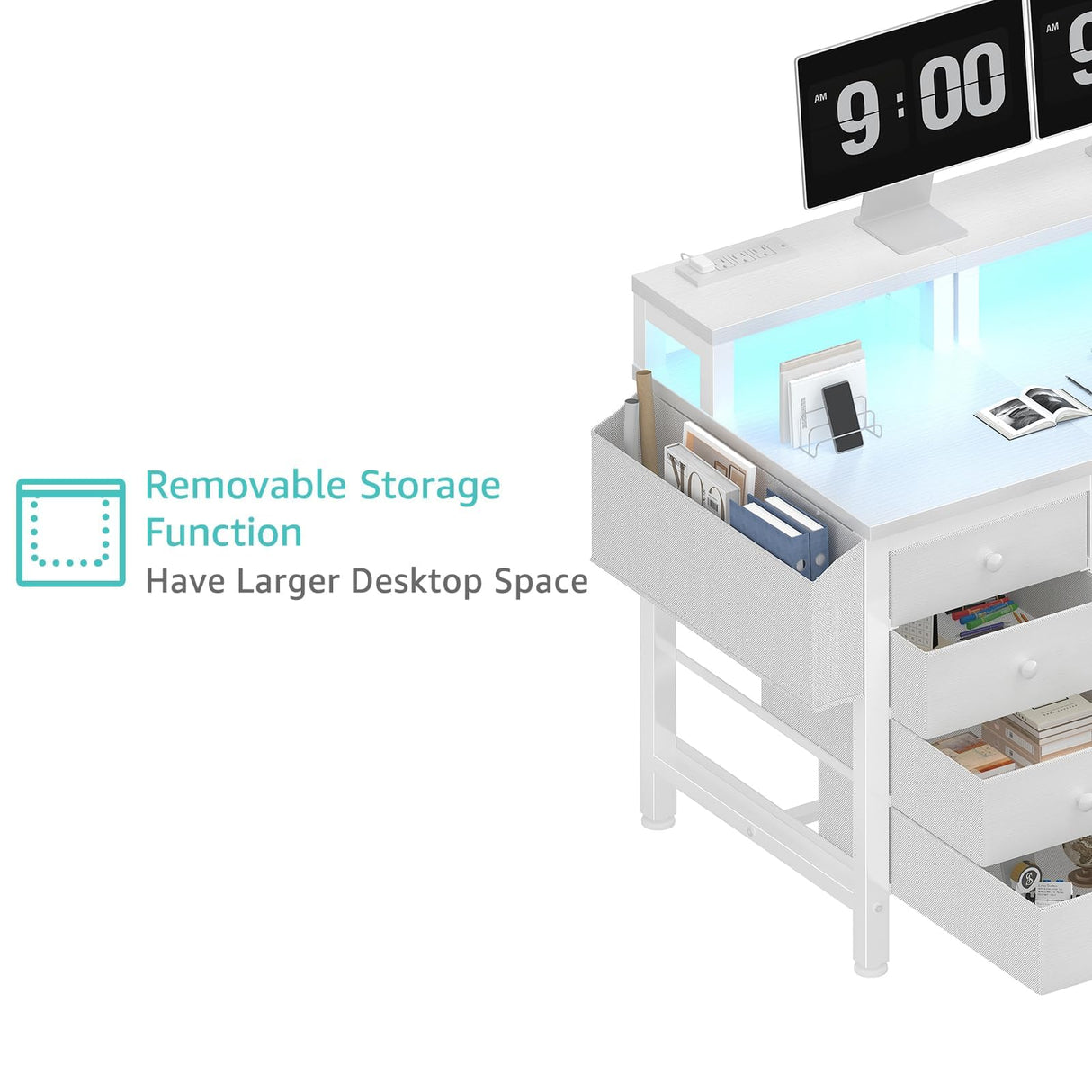 Lufeiya White Desk with 4 Drawers - 47 inch Gaming Desk with Monitor Stand, Computer Gaming Desk with LED Lights Power Outlets and Storage Bag Fabric Drawer for Home Office, Bedroom, White Lufeiya