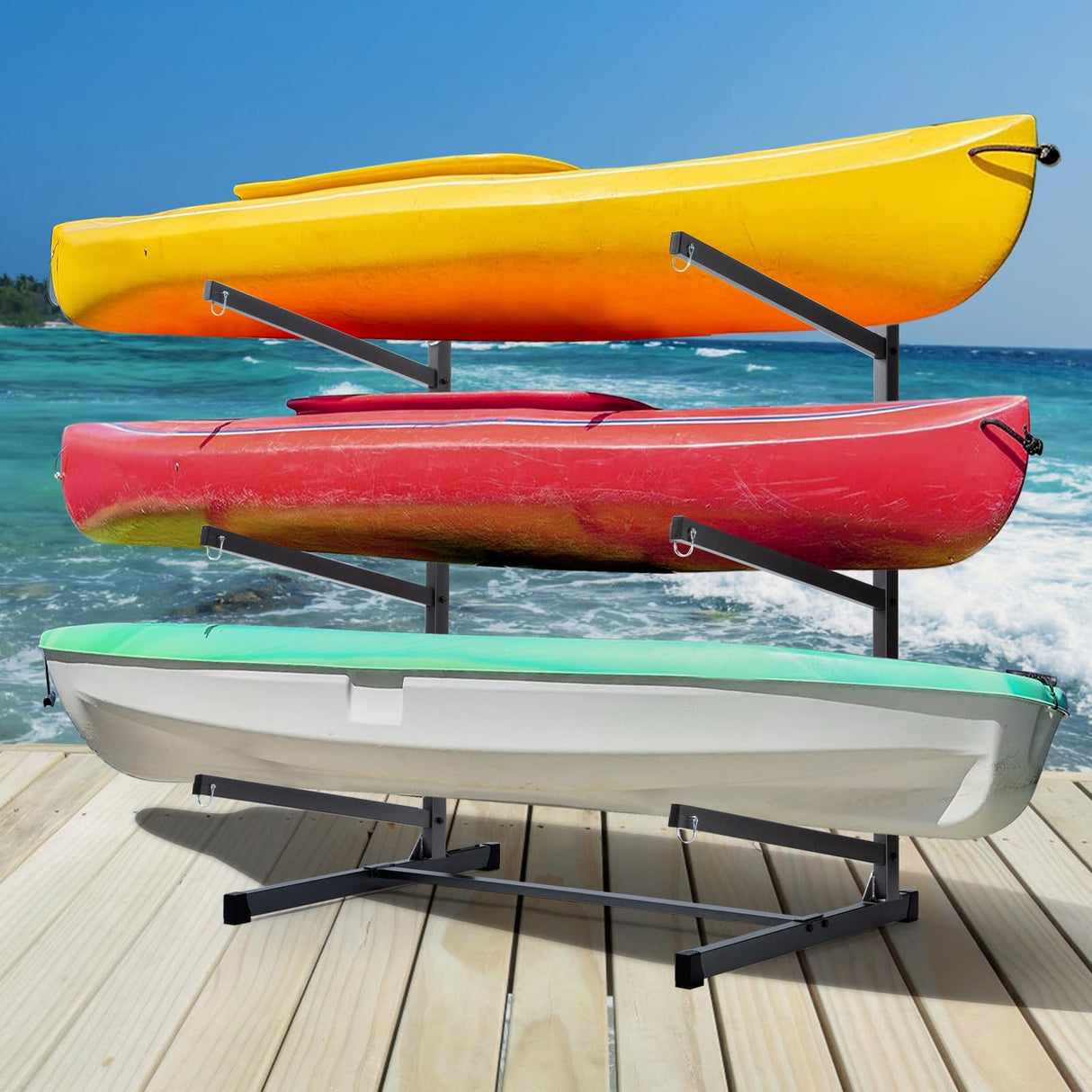 Morohope Freestanding Kayak Storage Rack Kayak Tackle Storage Heavy Duty Weatherproof Outdoor Storage Rack Storage Hooks for Kayaks, SUP, Canoe Paddleboard, 3 Levels, Black, SL35003BK Morohope