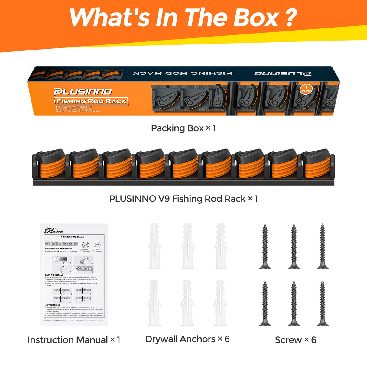 PLUSINNO V9 Vertical Fishing Rod Holders, Wall Mounted Fishing Pole Holders, Fishing Rod Rack Holds Up to 9 Rods or Combos, Fishing Rod Holders for Garage, Fits Most Rods of Diameter 3-19mm PLUSINNO