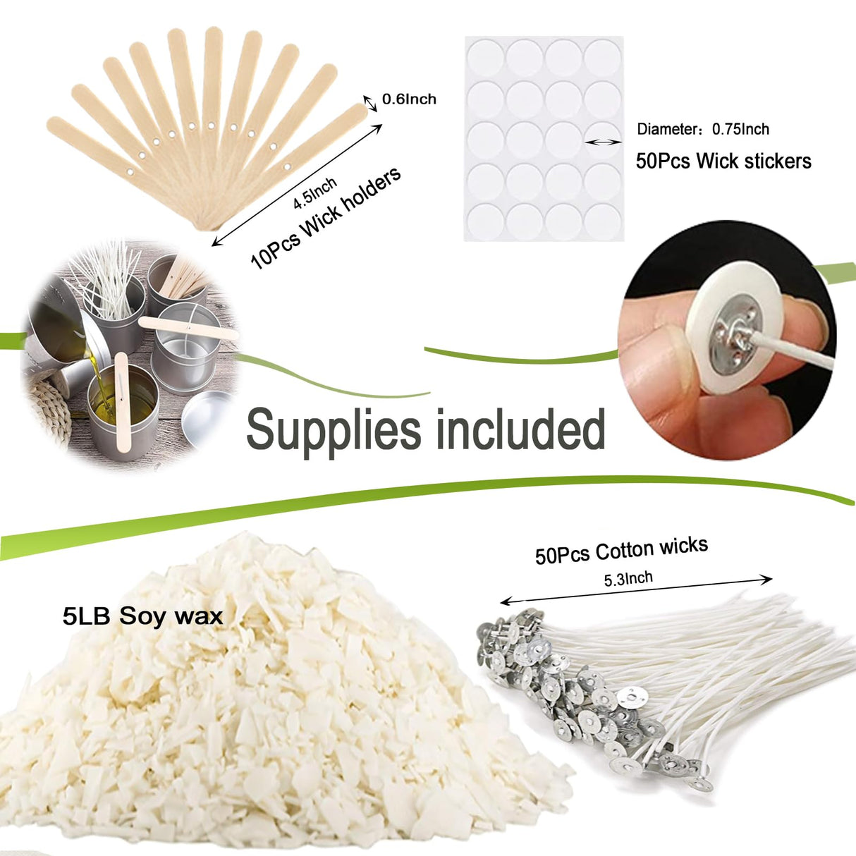 DINGPAI Soy Wax for Candle Making, 5LB Organic Soy Candle Wax Flakes Natural Candle Making Supplies,50 Cotton Wicks,50 Wick Stickers,10 Wick Holders DINGPAI