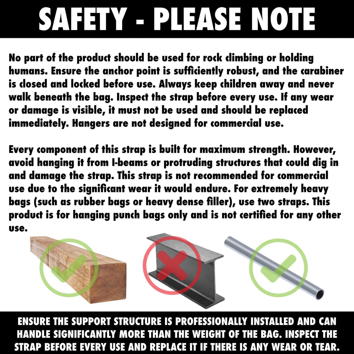 BULL DOZA FIGHT WEAR Boxing Punch Bag Strap/Sling – Heavy Duty Bag Hanger with 9mm Steel Screw Lock Carabiner – Durable Reinforced Stitching with 500lbs Bag Holding Capacity Strap Mount Black 3 Sizes BULL DOZA FIGHT WEAR