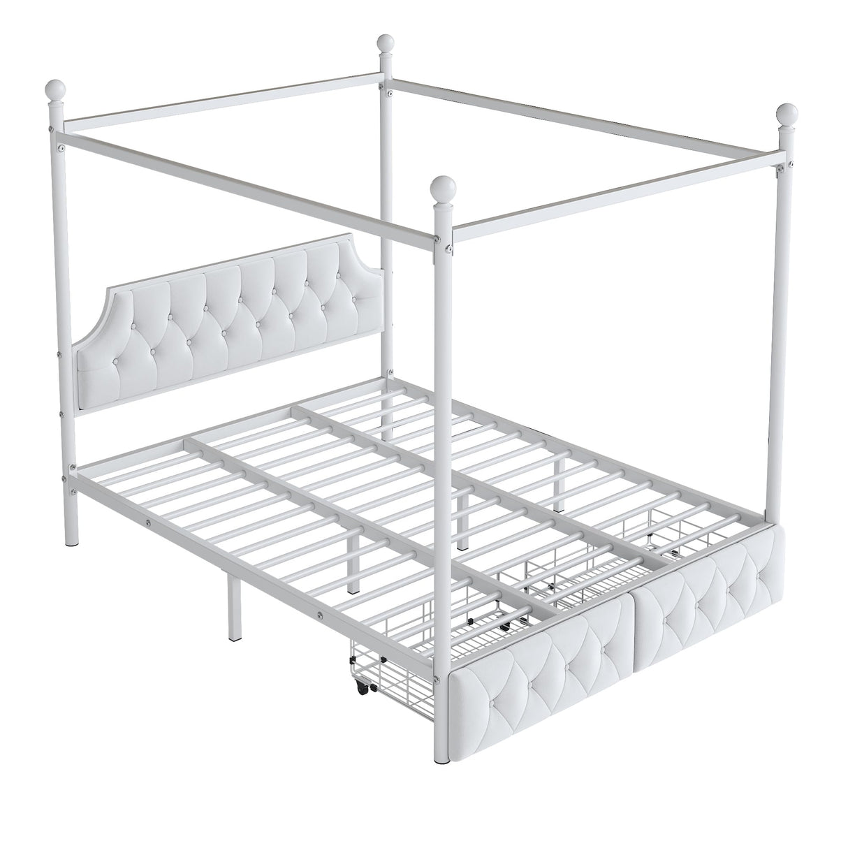 SOFTSEA Metal Canopy Bed Frame Queen Size Upholstered Canopy Bed Frame with 2 Drawer, Four-Poster Metal Platform Bed with Upholstered Headboard, White SOFTSEA