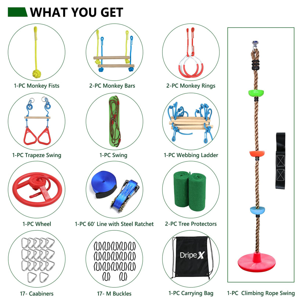 Ninja Obstacle Course for Kids Backyard - 10 Durable Obstacles and 60' Slackline - Outdoor Warrior Obstacle Playset Equipment with Gymnastic Ring, Rope Ladder, Ninja Wheel, Climbing Rope Swing Dripex