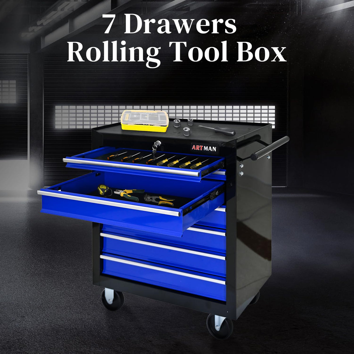 WTRAVEL Rolling Tool Chest with 7-Drawer Tool Box with Wheels Multifunctional Tool Cart Mechanic Tool Storage Cabinet for Garage, Warehouse, Workshop, Repair Shop (Black & Blue) WTRAVEL