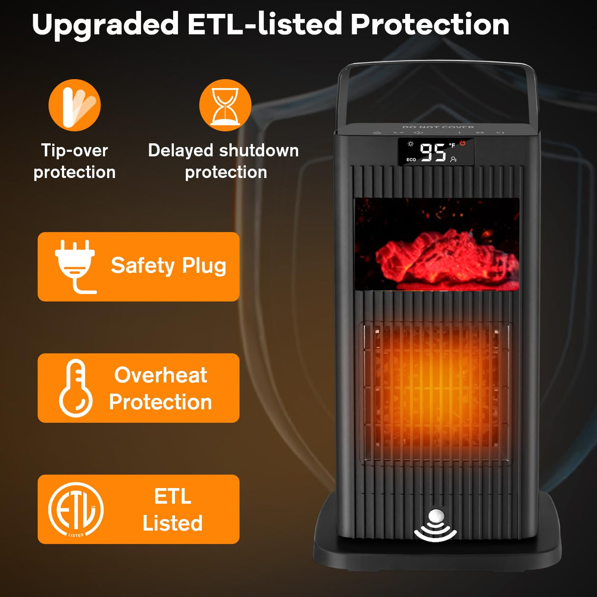 Space Heater with Infrared Sensor,Fireplace Flame Effect,1500W Oscillating Electric Ceramic Room Heater,Mini Fast Heating for Indoor Use,Bedroom,Office Room,Desk,Garage Verminget