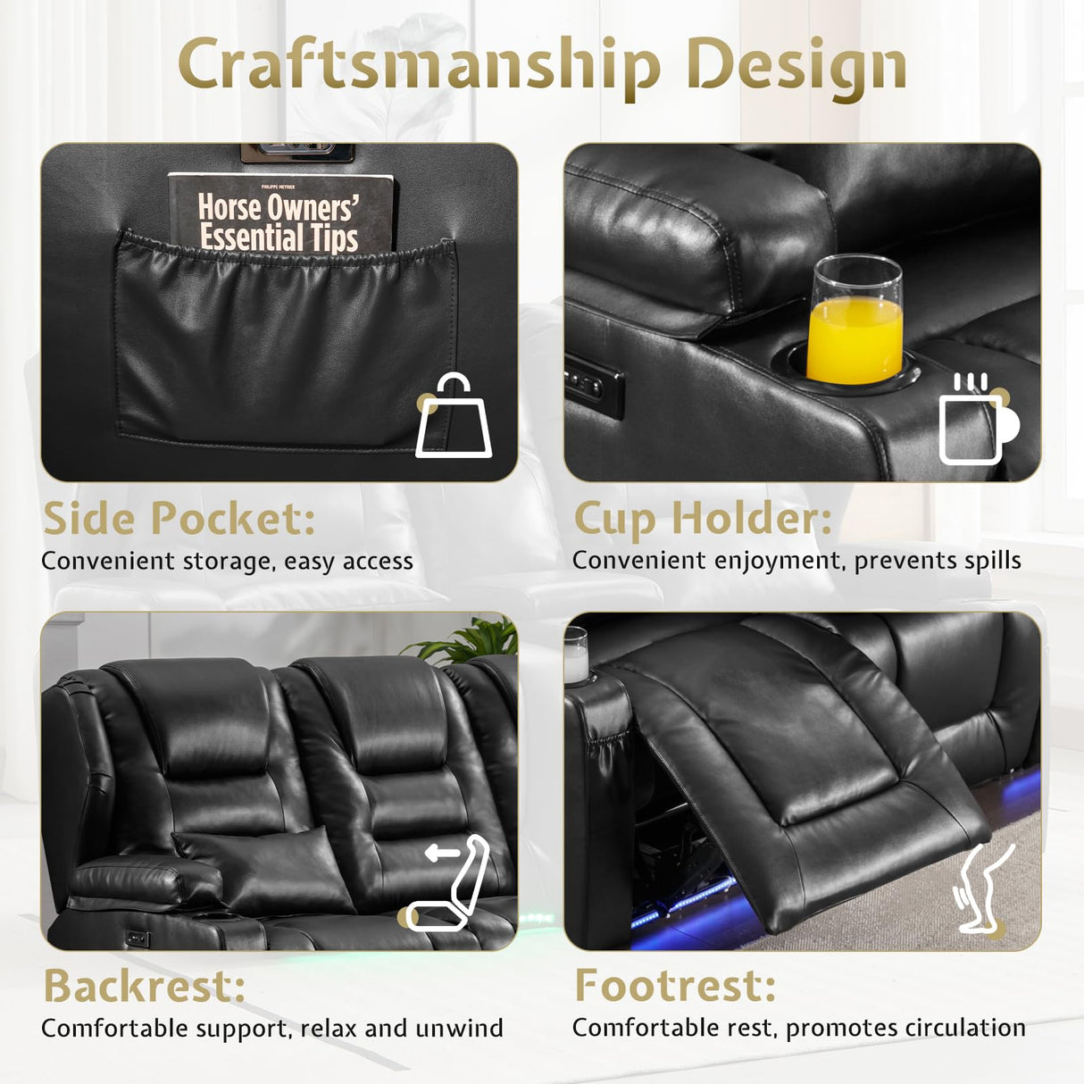 SAMERY Power Loveseat Recliner Sofa with Adjustable Split Back, Multi-Port Charger, Flip-Up Backrest & LED Lighting - Home Theater Seating with Storage, Cup Holders, Black Faux Leather Loveseat SAMERY