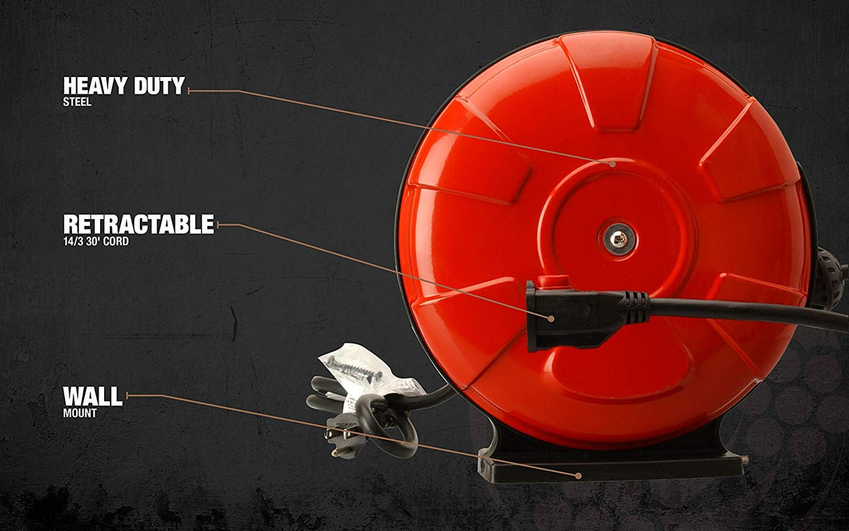 Woods 48004 14/3 SJTW Metal Extension Cord Reel with Locking Plug, Red, Feet, 30 Foot, Orange Woods