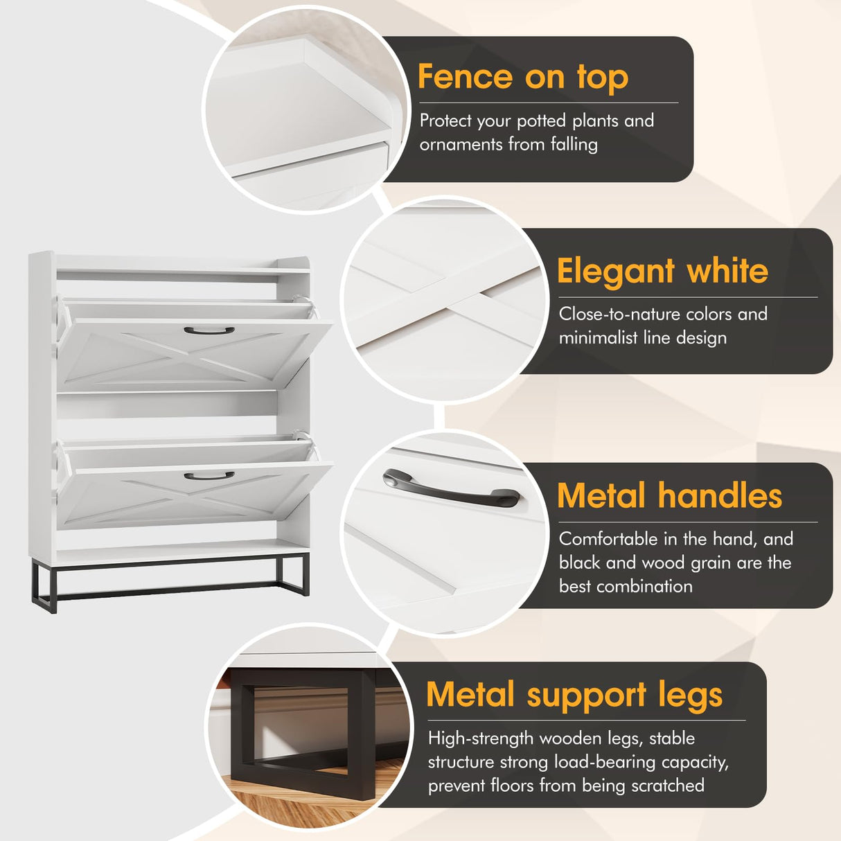 Maupvit Shoe Cabinet with 2 Flip Drawers, Freestanding Shoe Cabinet Organizer with Metal Legs, Shoes Storage Cabinet for Entryway, Narrow Shoe Rack Cabinet, White Maupvit