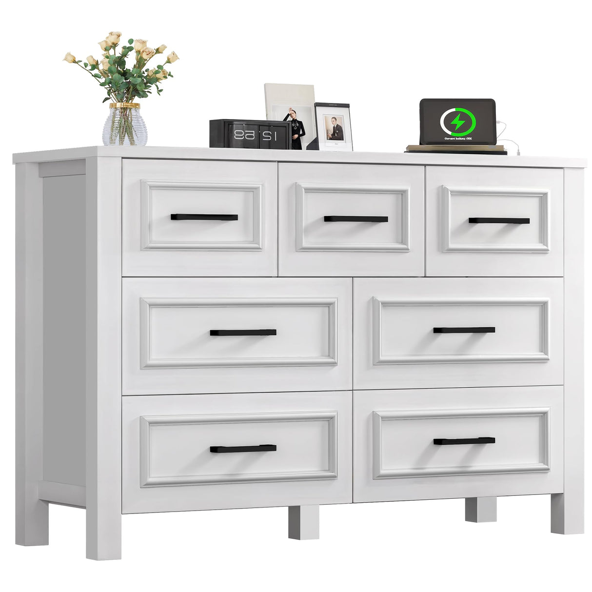 YITAHOME 7 Drawer Dresser with Built-in Power Outlet, Wood Dresser TV Stand with Large Drawers and Bar Handles, White Chest of Drawers for Living Room, Entryway YITAHOME