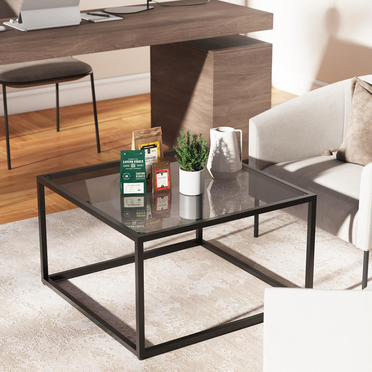 YMYNY Glass Coffee Table, Tempered Glass Square Coffee Tables with Metal Frame, Unique Modern Table for Living Room Home Office 26.77" x 26.77" x 15.75", Black Grey, UHCT001H YMYNY