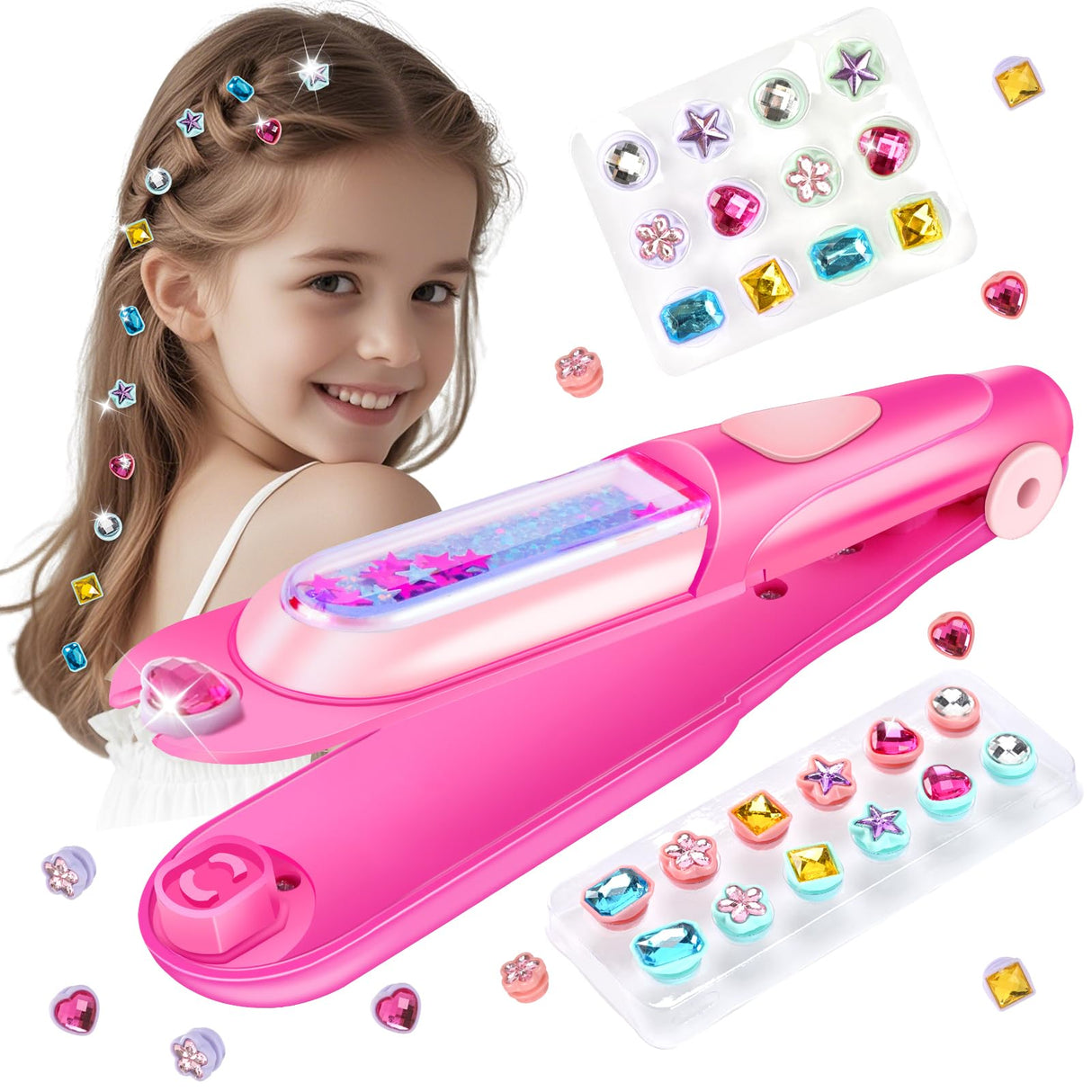 Kids Hair Gem Stamper Kit, Bling Hair Jewels for Girls Toys, Quick Gems Hair Jeweler, Hair Styling Tool with Reusable Shining Diamonds, Birthday Gifts Toys for Girls Ages 3 4 5 6 8-12 kidzkube