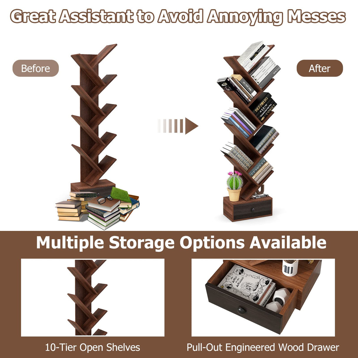 Giantex 10-Tier Tree Bookshelf with Drawer - 59" Freestanding Space Saving Wooden Bookcase, Retro Display Wood Storage Rack, Decorative Bookshelf with Storage for Living Room, Bedroom, Brown Giantex