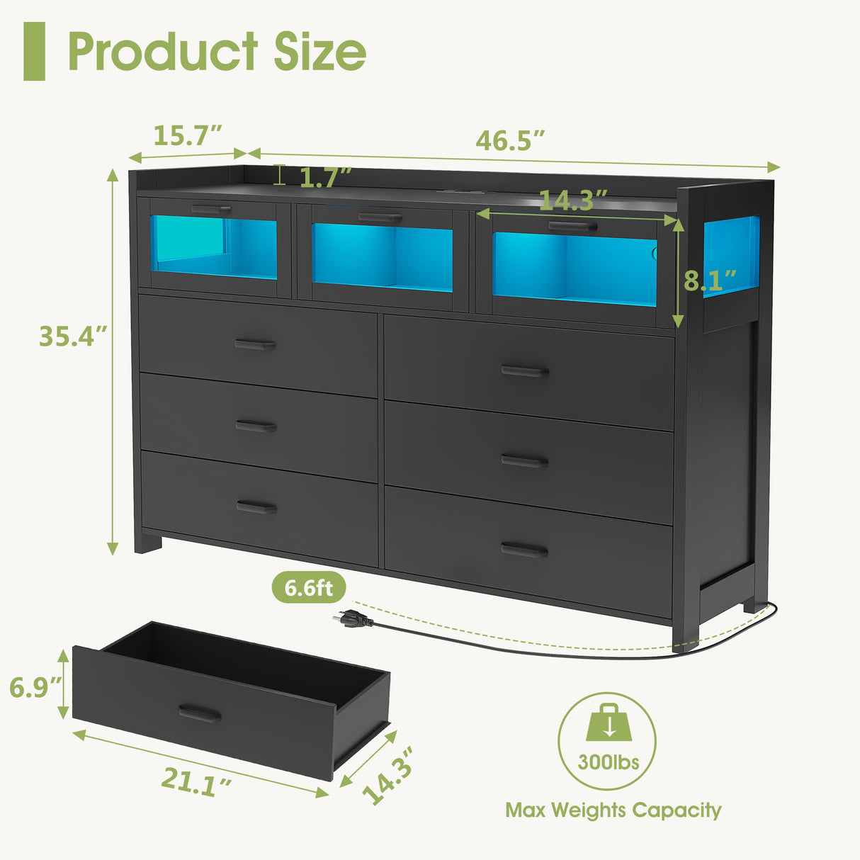 Alohappy 9 Drawer Dresser with Charging Station and LED Lights, Dresser Chest of Drawers with 3 Visual Drawers, Modern Wood Dresser for Bedroom Living Room Hallway Entryway Alohappy