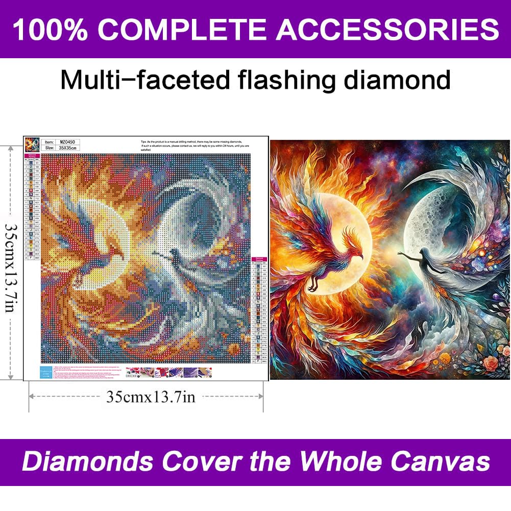 croshom Phoenix Diamond Art Kits for Adults, 5D Moon Diamond Painting Kits for Adult Beginners, DIY Full Drill Diamonds Round Dots Gem Art with Painting Kit for Home Wall Decor 14" x 14" croshom
