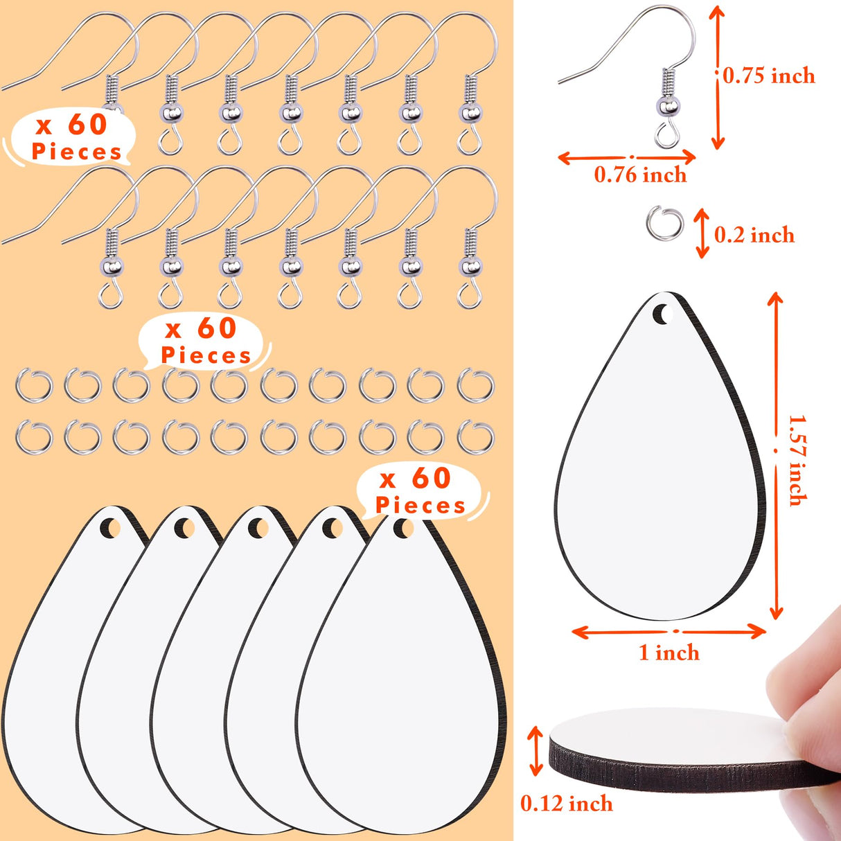Duufin 120 Pcs Sublimation Earring Blanks with Earring Hooks and Jump Rings Sublimation Blanks Products Unfinished MDF Teardrop Earrings Blanks for Sublimation Women Halloween Christmas DIY Duufin