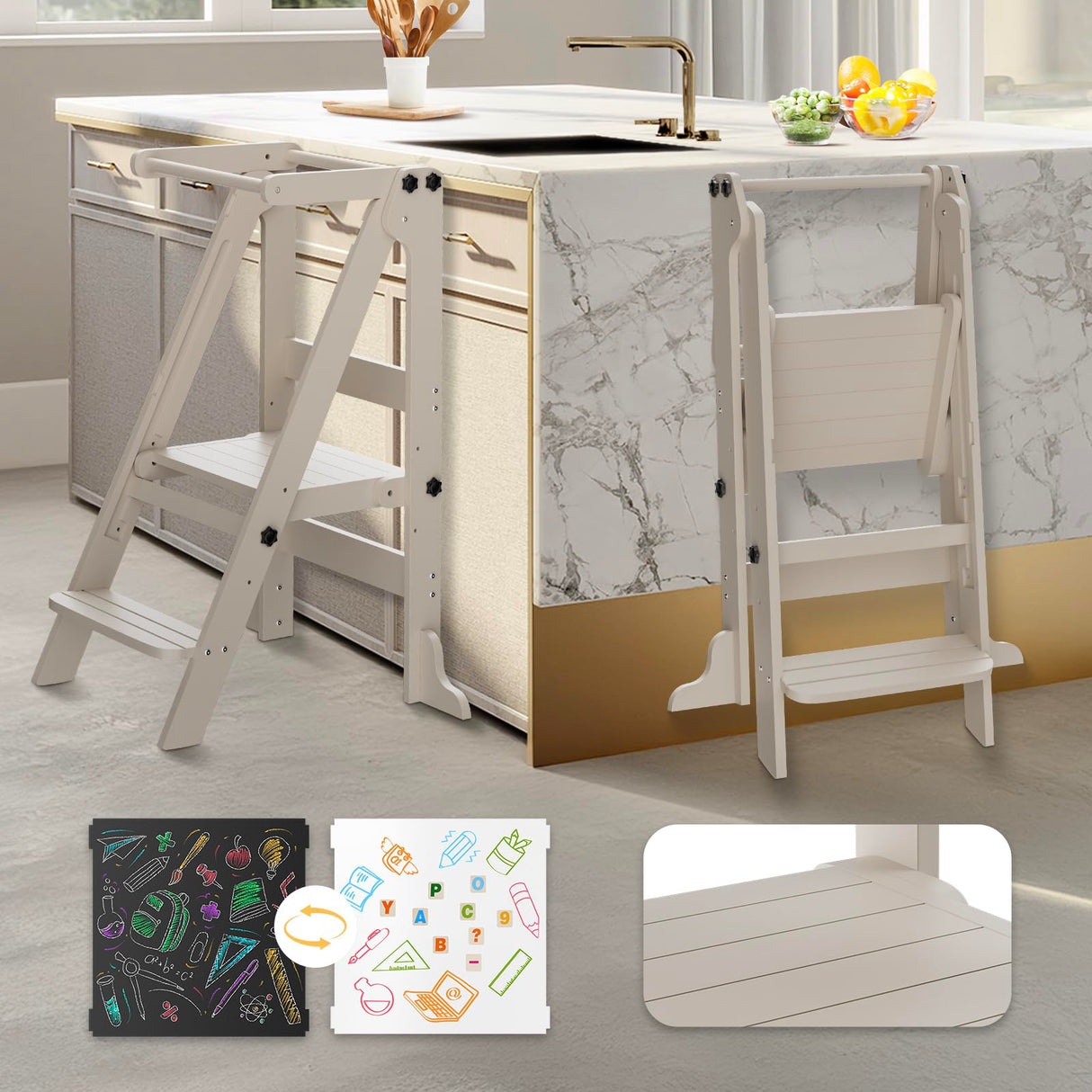 Toddler Tower Foldable, Kitchen Step Stool Helper with Safety Railing & 3 Adjustable Heights, Standing Tower with Double-Sided Drawing Board, Montessori Kitchen Tower for Toddlers/Kids Learning (Grey) SAUCE ZHAN