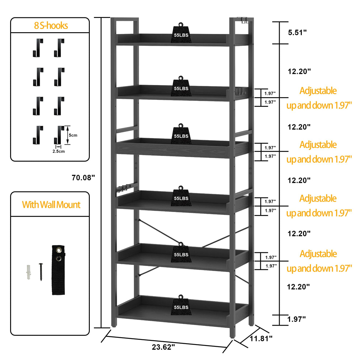 HCHQHS 6 Tier Bookshelf, Adjustable Industrial Bookcase, Vertical Tall Book Shelf, Wood and Black Metal Open Bookshelves for Home Office, Living Room, Bedroom, 70 Inch HCHQHS