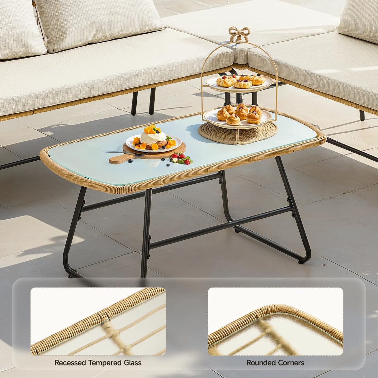 ONBRILL 4-Piece Outdoor Sectional Set, 4-Seats Wicker Patio Couch Sets with Cushion and Tempered Glass Coffee Table, L-Shaped, Olefin Fabric, Waterproof & UV Resistant, Beige ONBRILL