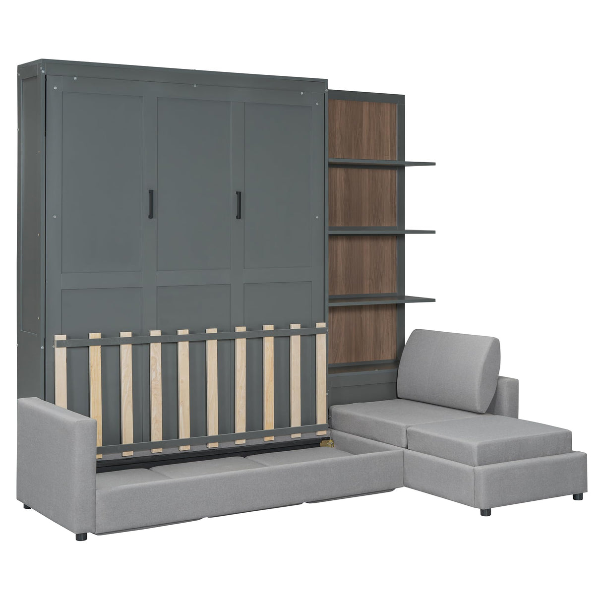 Queen Size Murphy Bed Wall Bed with Sofa and Shelves,Versatile Convertible Wooden Bed Frame,Space-Saving for Multipurpose Guest Room or Home Office (Gray) GYYBED