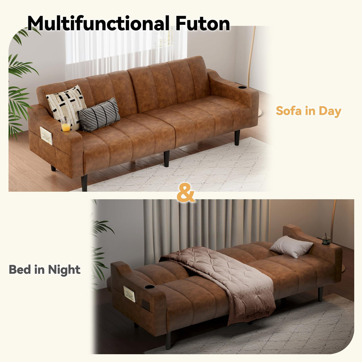 Chfeloai 80'' Futon Sofa Bed, Faux Leather Sleeper Couch, Convertible Loveseat with Adjustable Sofa Backrest, Modern Couches for Living Room, Bed Room, Apartment, Office (Brown) Chfeloai