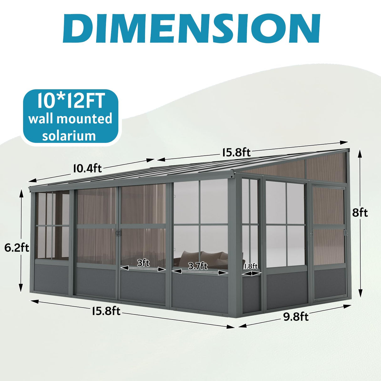 EROMMY 10' x 16' Sunroom, Wall Mounted Gazebo Solarium with Aluminum Frame, Polycarbonate Roof, Permanent Sun Room with Sliding Doors, Lockable PC Screen Walls, Lean to Gazebo for Garden, Patio, Grey EROMMY