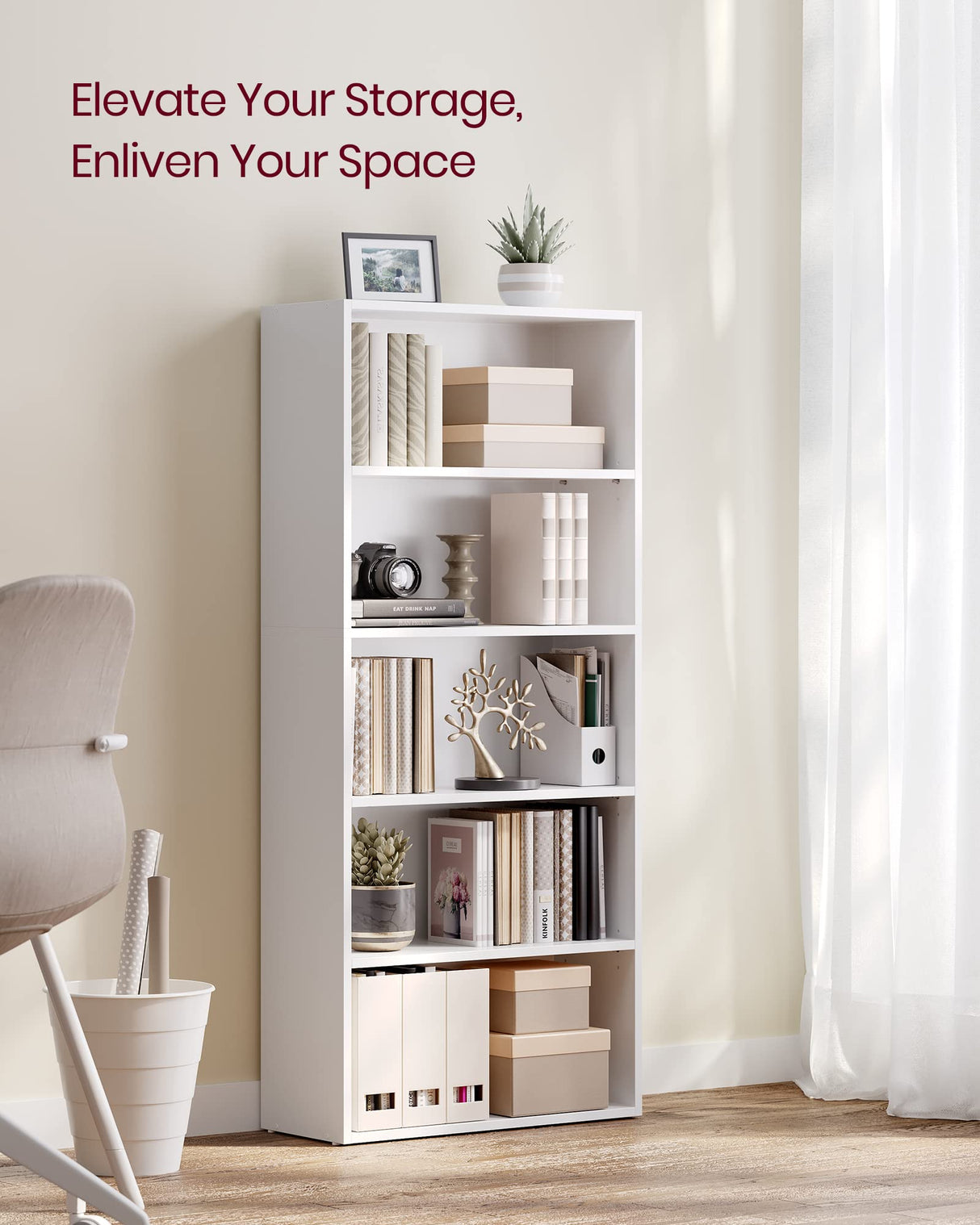 VASAGLE Bookshelf, 23.6 Inches Wide, 5-Tier Open Bookcase with Adjustable Storage Shelves, Floor Standing Unit, Cloud White ULBC165T14 VASAGLE