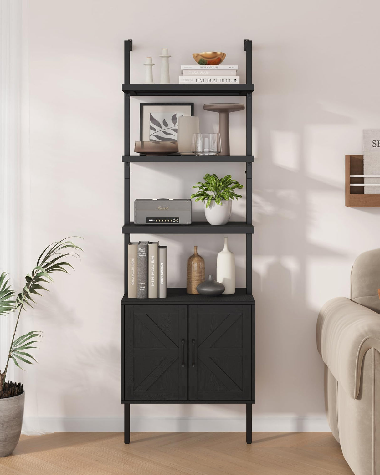 Yusong 73" Tall Bookshelf with Cabinet, Farmhouse Ladder Wall Mount Shelf Industrial Bookcase with Wood and Metal Frame, Plant Shelf Wall Storage Book Case Display for Living Room Bedroom Black Yusong