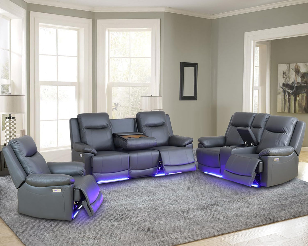 Air Leather Power Recliner Sofa Set with LED, Reclining Living Room Furniture Sets, Power Recliner Couch Set with USB Ports for House/Home Theater (Dark Grey, Sofa+Loveseat+Chair) AYCP Furniture