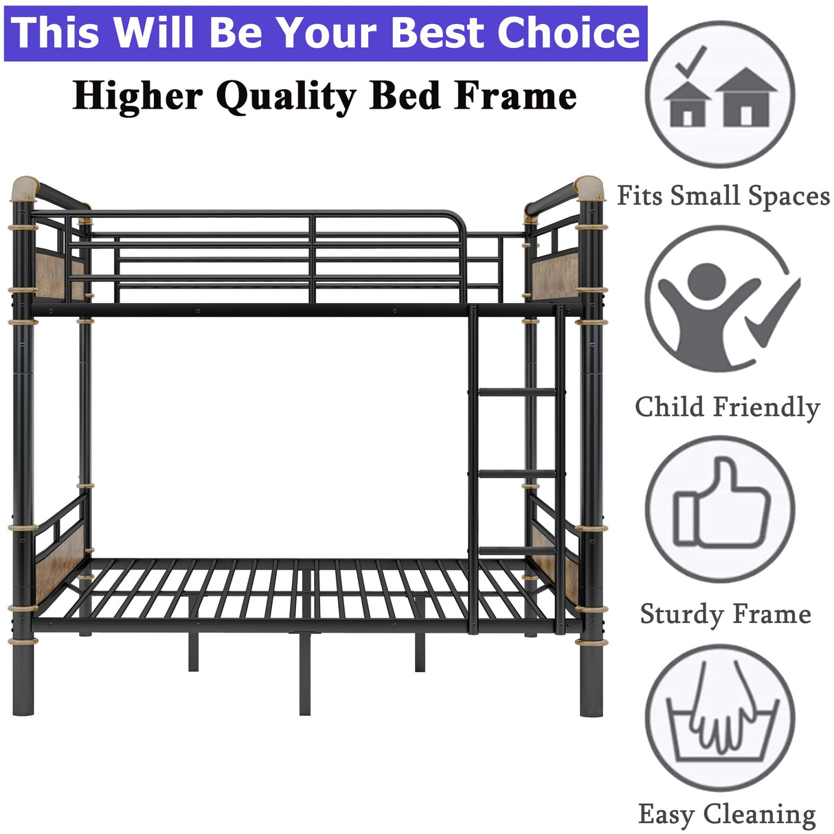 FUSVZ Heavy Duty Metal Full Over Full Bunk Beds for Adults Kids Teens, Convertible Industrial Bunk Bed Full Over Full Size with Guard Rails & Soft-Pack Vertical Ladder, Weight Capacity 600LBS (Black) FUSVZ