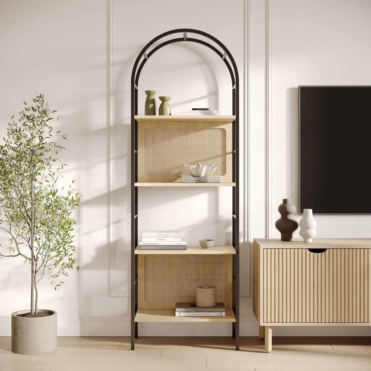 Stead 4-Tiered Arched Book Shelf - Light Oak & Natural Rattan, Metal Frame - Industrial Arched Bookcase & Fluted Bookshelf Stead